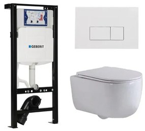 QeramiQ Dely Swirl Toiletset - 36.3x51.7cm - Inbouwreservoir met Geberit UP320 spoelmechanisme - slimzitting - glans witte bedieningsplaat - rechthoekige knoppen - wit glans SW1381697/SW706187/SW1000766/SW1026256