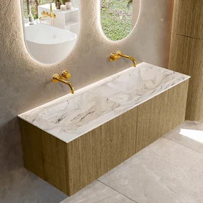 Mondiaz Kurve-dlux 130cm badmeubel dusk met 2 lades en wastafel leaf dubbel zonder kraangat glace