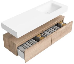 Zaro Alan badmeubel 140cm washed oak 2 lades met vrijhangende wastafel cloud rechts zonder kraangat talc