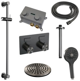 Brauer Gunmetal Edition thermostatische inbouw regendouche met 3 standen handdouche, plafondarm, glijstang en hoofddouche 20cm set 71 gunmetal geborsteld PVD