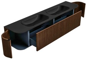 Mondiaz Kurve 200cm badmeubel ronding links/rechts walnut met 2 lades en deuren en wastafel big small dubbel 2 kraangaten urban
