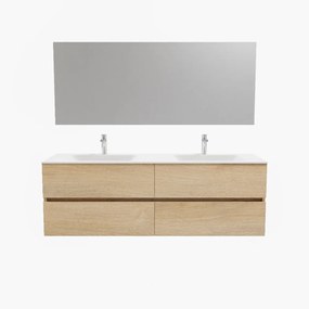 Zaro Valencia Solid Surface badmeubel 150cm licht eiken 2 kraangaten dubbele spoelbak met 4 lades