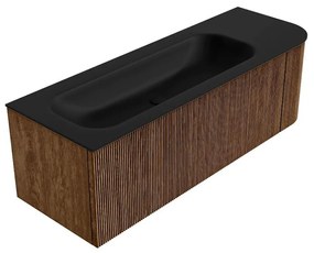 Mondiaz Kurve 135cm badmeubel ronding rechts walnut met 1 lade en deur en wastafel big medium links zonder kraangat urban