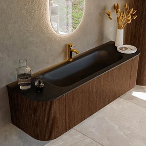 Mondiaz Kurve 150cm badmeubel ronding links/rechts walnut met 1 lade en 2 deuren en wastafel big medium midden 1 kraangat urban