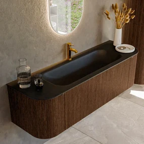 Mondiaz Kurve 150cm badmeubel ronding links/rechts walnut met 1 lade en 2 deuren en wastafel big medium midden 1 kraangat urban