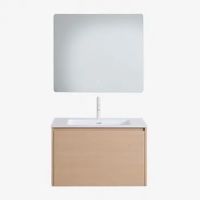 Badkamermeubelset In Hout Met Geïntegreerde Wastafel Jacob Natuurlijk Hout & Rechthoekige Led En Anticondens 80x70 Cm Riben & Wit ↑20 - Sklum