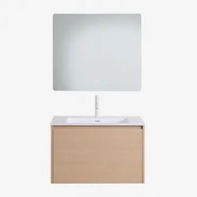 Hangend Badkamermeubelset 80x50 Cm Van Hout Met Geïntegreerde Wastafel Jacob Natuurlijk Hout & Rechthoekige Led En Anticondens 80x70 Cm Riben & -