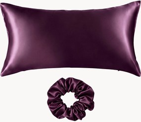 Kussensloop en scrunchie van moerbeizijde satijn Aubergine, 2-delig