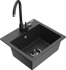 Mexen Milo granit gootsteen 1-komors met keukenknop Telma, zwart gespikkeld - 66505-76-670200-70-B