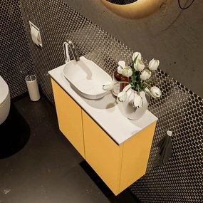 Mondiaz Fowy toiletmeubel 60cm ocher met witte waskom links en kraangat