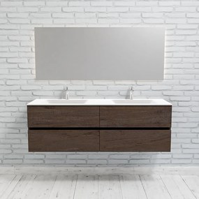 Zaro Valencia Solid Surface badmeubel 150cm donker eiken 2 kraangaten dubbele spoelbak met 4 lades