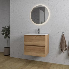 Adema Chaci Badkamermeubelset - 60x46x57cm - 1 ovale keramische wasbak wit - 1 kraangat - 2 lades - ronde spiegel met verlichting - eiken SW1212759/SW718716/SW108325