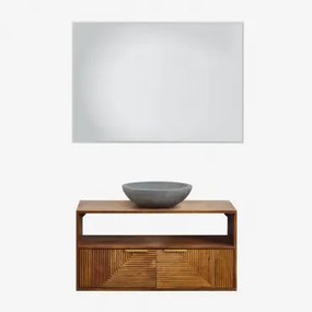 Baty Mangohouten Badkamermeubelset Mangohout & Rond Grijs Cement Ø40 Cm Tarsis & Rechthoekige Led En Anticondens 100x70 Cm Riben & Zonder Kraan -