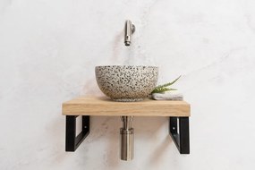 Saniclear Baru fonteinset met eiken plank, zwart-witte terrazzo waskom en RVS kraan voor in het toilet