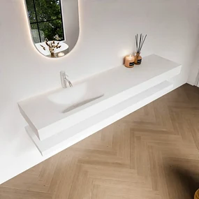 Zaro Alan badmeubel 190cm met planchet talc en vrijhangende wastafel cloud links 1 kraangat talc