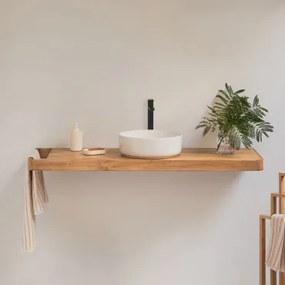 Conjunto Van Meubel 130x45 Cm Hangend In Teakhout Neill Teakhout & Rond Keramiek Wit Ø40 Cm Lenka & Spiegelloze & Mat Zwart ↑30 Cm Met Aftapkraan Zond
