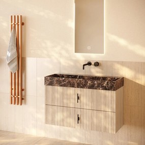 Muebles Murcia badmeubel ribbelfront 100cm naturel eiken met Dark Emperador wastafel zonder kraangat