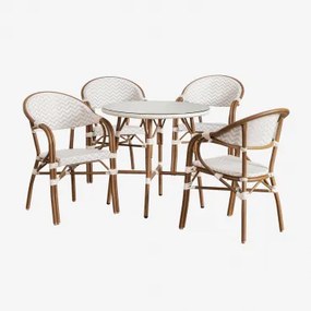 Set Van Ronde Tafel Ø80 Cm En 4 Stapelbare Eetkamerstoelen Met Armleuningen Van Aluminium Brielle Bistro Naakt Beige - Gardenia Wit - Sklum