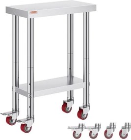 VEVOR Roltafel 61 x 30 x 85 cm RVS Catering Werktafel Draagvermogen 350 kg, Voedselbereidingstafel Commerciële Keukentafel voor Bar met 4 Verstelbare Voeten