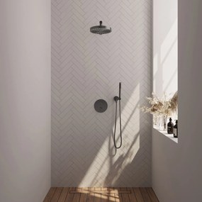 Brauer Stripe inbouw regendouche rond met 25cm hoofddouche, rechte muurarm en staafhanddouche set 37 gunmetal geborsteld PVD