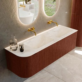 Mondiaz Kurve-dlux 145cm badmeubel ronding links ruby met 1 lade en deur en wastafel leaf dubbel/rechts zonder kraangat ostra