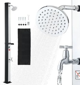 VEVOR Solardouche 35 L, Tuindouche 2160 mm, Buitendouche met voetkraan en zeepbakje, Warm- en koudwaterregeling, max. 60 °C, Campingdouche voor tuin, zwembad, strandzwembad, Zwart/Zilver
