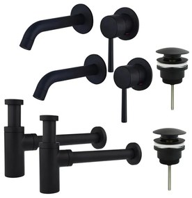 Fortifura Calvi Wastafelkraanset - voor dubbele wastafel - inbouw wastafelkraan - klikwaste plug - design sifon - Mat zwart 2x SW377837/2x SW696199/2x SW696210