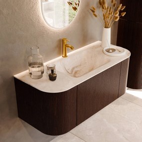 Mondiaz Kurve-dlux 110cm badmeubel ronding links/rechts ruby met 1 lade en 2 deuren en wastafel cloud midden 1 kraangat frappe