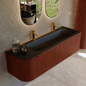 Mondiaz Kurve 145cm badmeubel ronding links ruby met 1 lade en deur en wastafel big large rechts 2 kraangaten urban