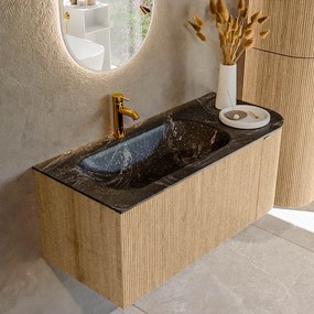 Mondiaz Kurve-dlux 105cm badmeubel ronding rechts oak met 1 lade en deur en wastafel big small kraangat links lava