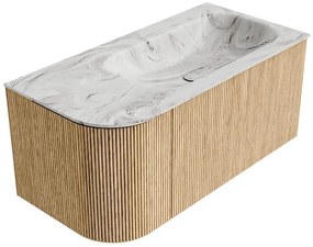 Mondiaz Kurve-dlux 95cm badmeubel ronding links oak met 1 lade en deur en wastafel big small kraangat rechts glace