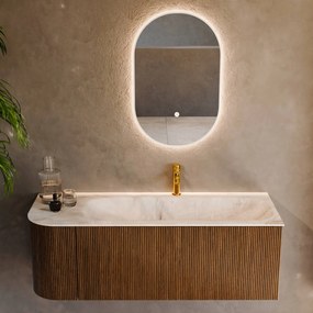 Mondiaz Kurve-dlux 125cm badmeubel ronding links dusk met 1 lade en deur en wastafel big medium kraangat rechts frappe