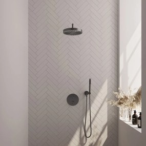 Brauer Stripe inbouw regendouche rond met 25cm hoofddouche, gebogen muurarm en staafhanddouche set 38 gunmetal geborsteld PVD