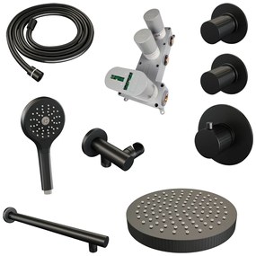 Brauer Stripe inbouw regendouche met 25cm hoofddouche, rechte muurarm en 3 standen handdouche set 4 zwart mat