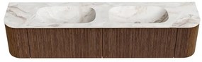 Mondiaz Kurve-dlux 200cm badmeubel ronding links/rechts walnut met 2 lades en deuren en wastafel stor small dubbel zonder kraangat frappe