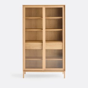 Vitrinekast van eikenfineer, poten van massief essenhout, 2 deuren en 2 laden, ELINA