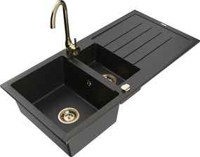 Mexen Andres granieten gootsteen 1,5-komor met afdruiprek en keukenmengkraan Telma, zwart/goud - 6515-75-670200-50