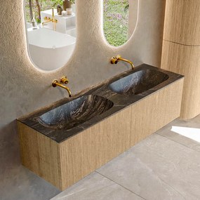 Mondiaz Kurve-dlux 150cm badmeubel oak met 2 lades en wastafel stor small dubbel zonder kraangat lava