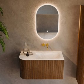 Mondiaz Kurve-dlux 85cm badmeubel ronding links dusk met 1 lade en deur en wastafel cloud rechts zonder kraangat ostra
