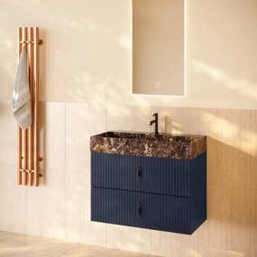 Muebles Murcia badmeubel ribbelfront 80cm marine blauw met Dark Emperador wastafel met kraangat