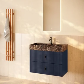 Muebles Murcia badmeubel ribbelfront 80cm marine blauw met Dark Emperador wastafel met kraangat