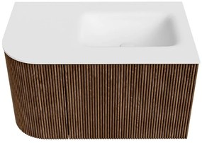 Mondiaz Kurve 75cm badmeubel ronding links walnut met 1 lade en deur en wastafel grunne rechts zonder kraangat