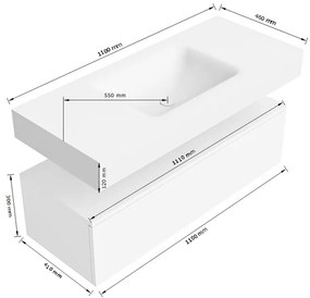 Zaro Alan badmeubel 110cm talc 1 lade met vrijhangende wastafel cloud midden zonder kraangat urban