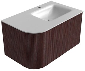 Mondiaz Kurve 75cm badmeubel ronding links ruby met 1 lade en deur en wastafel grunne kraangat rechts