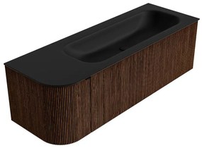Mondiaz Kurve 135cm badmeubel ronding links walnut met 1 lade en deur en wastafel big medium kraangat rechts urban