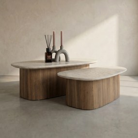 Salontafelset Driehoek Hout En Travertin - 90 X 53cm.