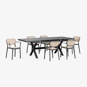 Uitschuifbare Rechthoekige Tafelset 180-240x90 Cm Karena En 6 Stapelbare Tuinstoelen Met Armleuningen Omara Grijs – Grafiet - Sklum