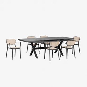 Uitschuifbare Rechthoekige Tafelset Karena 180-240x90 Cm En 6 Stapelbare Tuinstoelen Met Armleuningen Omara Grijs – Grafiet - Sklum