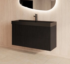 Gliss Design Hybris badmeubel met ribbelfront 100cm black veneer met zwarte wastafel met 1 kraangat Lako