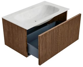 Mondiaz Kurve-dlux 80cm badmeubel walnut met 1 lade en wastafel big small midden zonder kraangat opalo